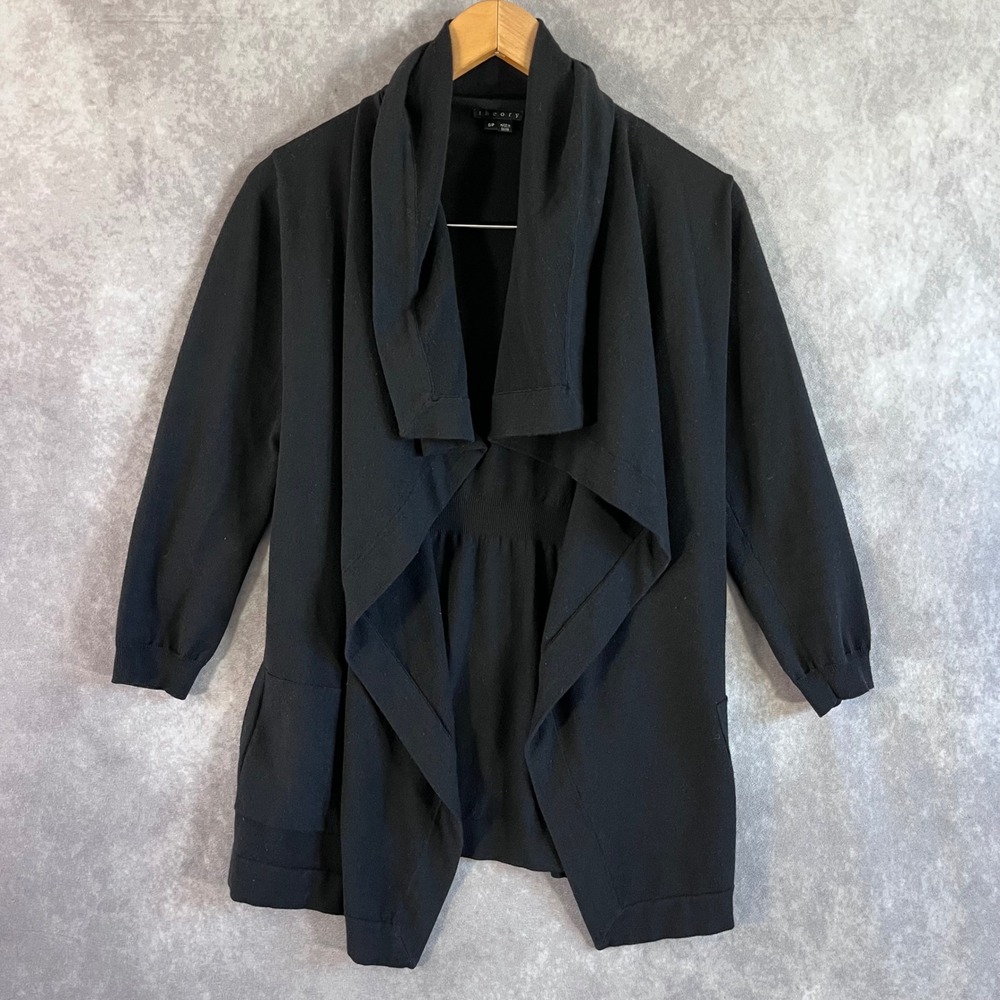 Theory Maritza B New Steady Cardigan Women Small Black Wool Blend Draped Open